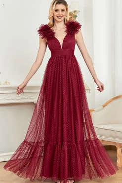 Borgonha Uma Linha V Pescoço Mangas Tull Prom Dress