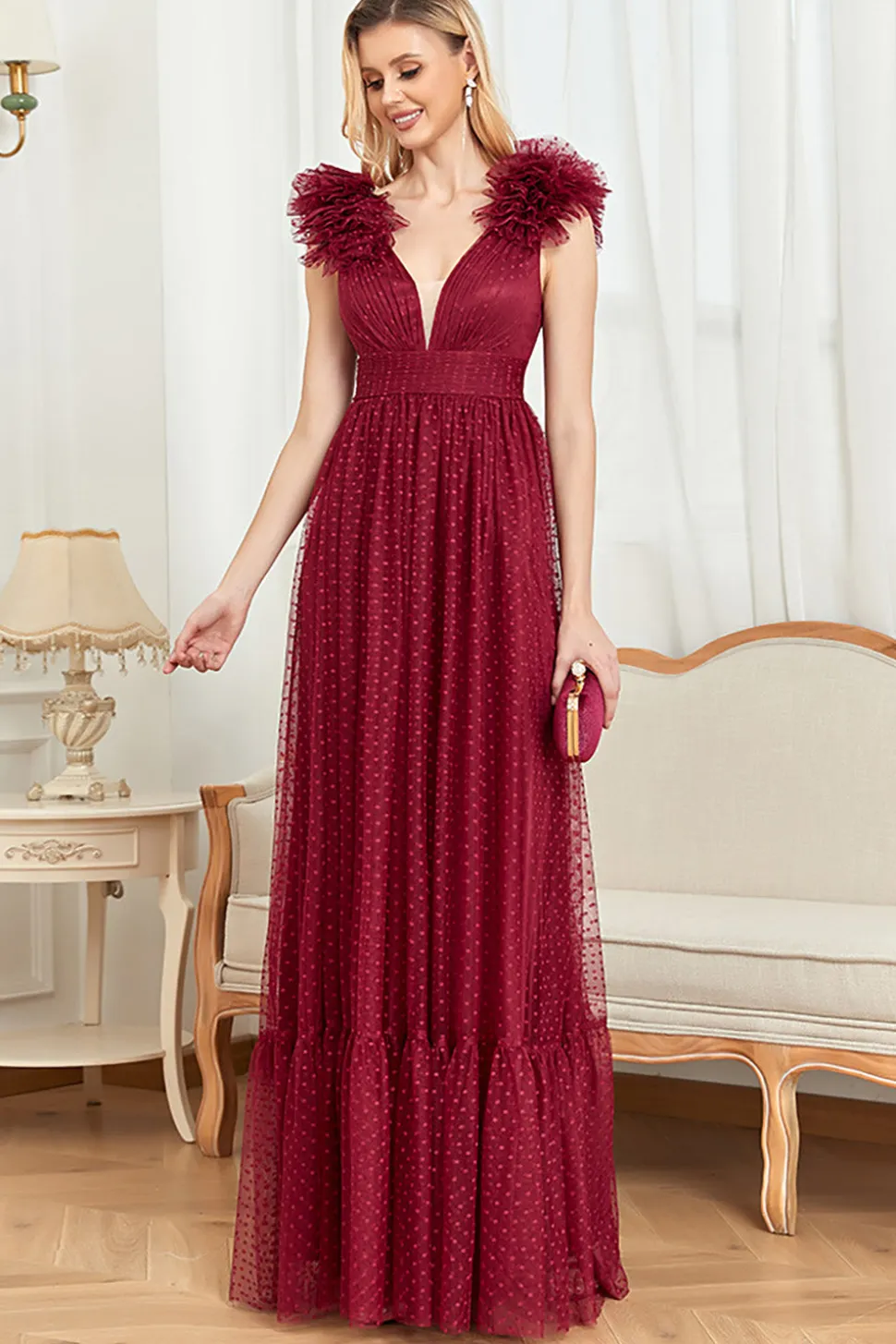 Borgonha Uma Linha V Pescoço Mangas Tull Prom Dress