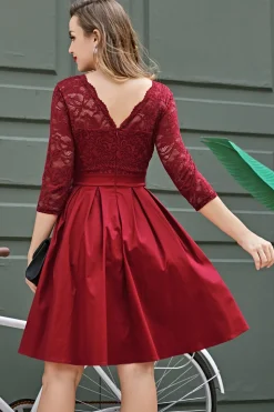 Borgonha V Voltar vestido de mangas compridas