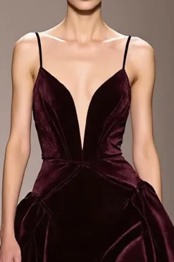 Borgonha Veludo A-Line Esparguete Correias Vestido de Noite