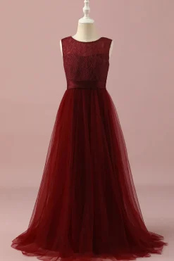 Borgonha Vestido Dama de Honor Júnior Tule