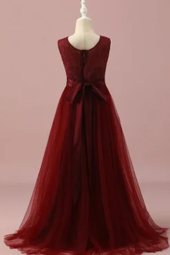 Borgonha Vestido Dama de Honor Júnior Tule