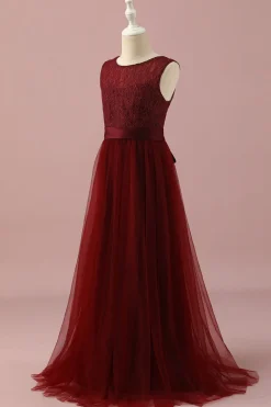 Borgonha Vestido Dama de Honor Júnior Tule