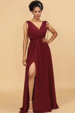 Borgonha Vestido de Dama de Honra Gola em V