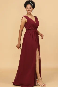 Borgonha Vestido de Dama de Honra Gola em V