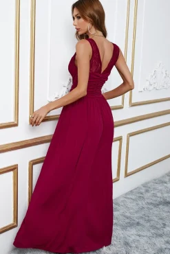 Borgonha V-neck simples vestido de baile