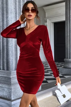 Borgonha V-Neck Veludo Vestido Curto de Festa