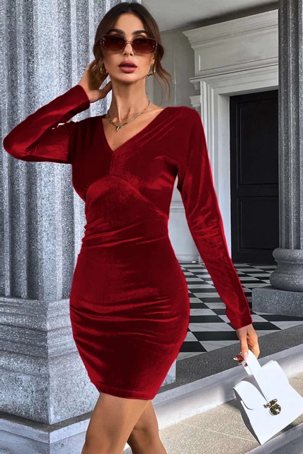Borgonha V-Neck Veludo Vestido Curto de Festa