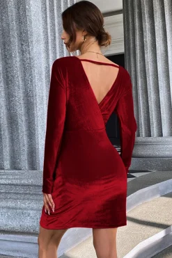 Borgonha V-Neck Veludo Vestido Curto de Festa