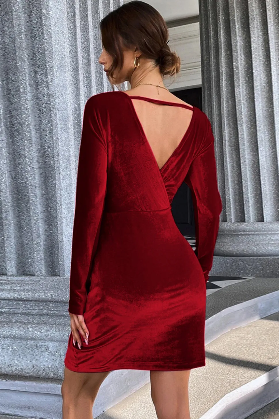 Borgonha V-Neck Veludo Vestido Curto de Festa