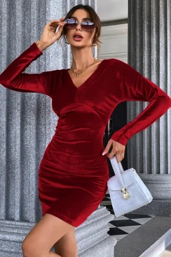 Borgonha V-Neck Veludo Vestido Curto de Festa