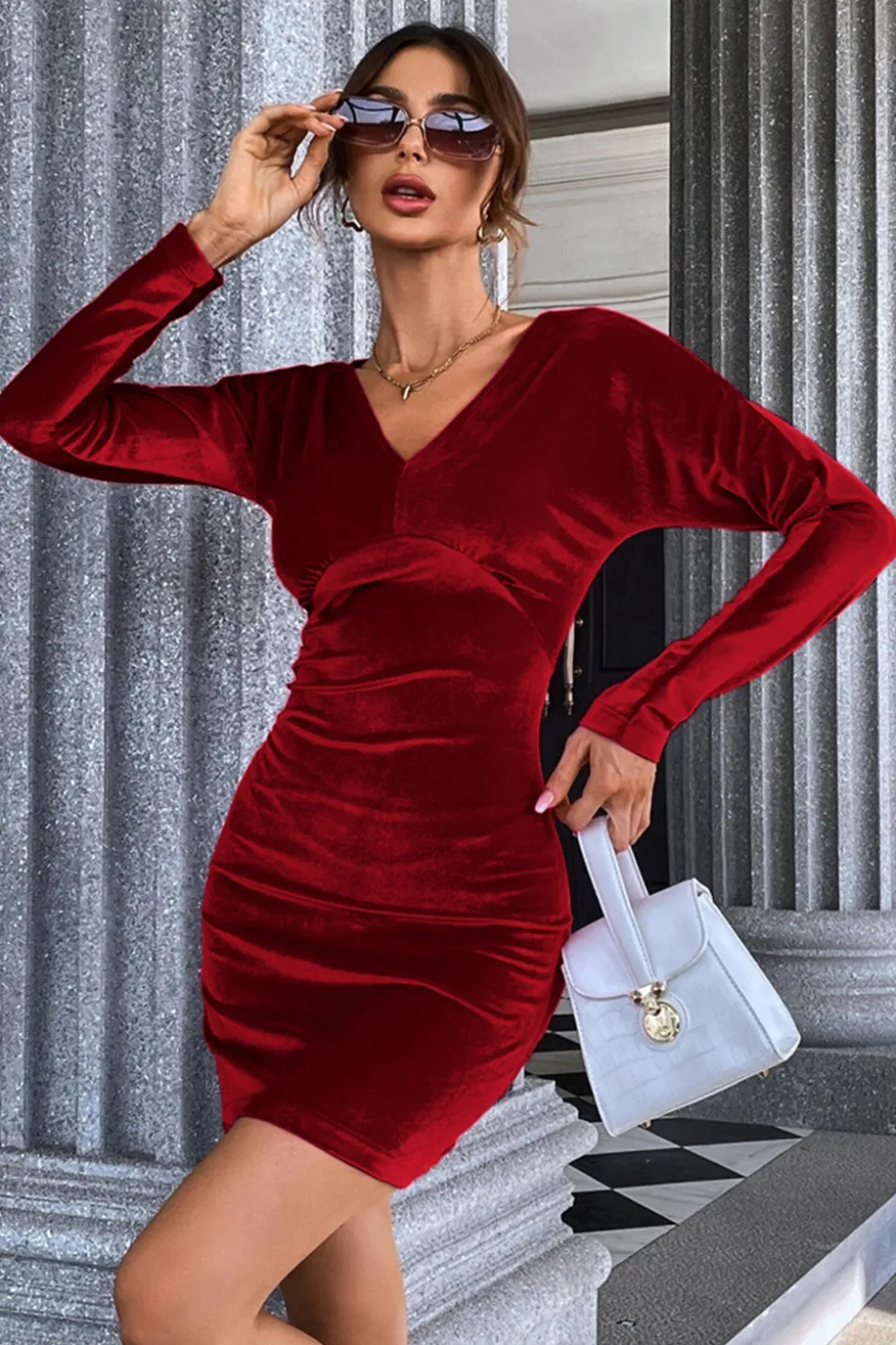 Borgonha V-Neck Veludo Vestido Curto de Festa