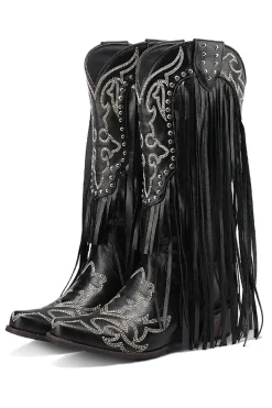 Botas de Couro Tassel Bordado Preto Feminino
