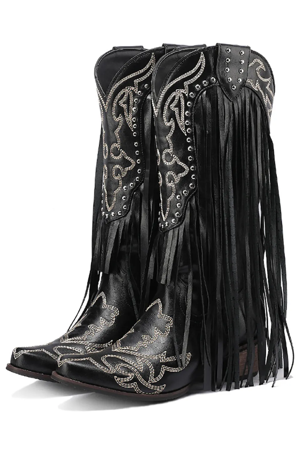 Botas de Couro Tassel Bordado Preto Feminino