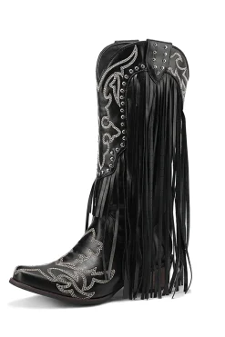 Botas de Couro Tassel Bordado Preto Feminino