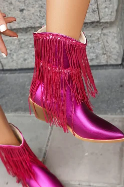 Botas de moda femininas Blue Fringe Metallic Pointed Toe