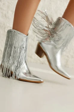 Botas de moda femininas Blue Fringe Metallic Pointed Toe