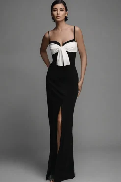 Bowknot Espaghetti Correias Preto Vestido Formal com Fenda