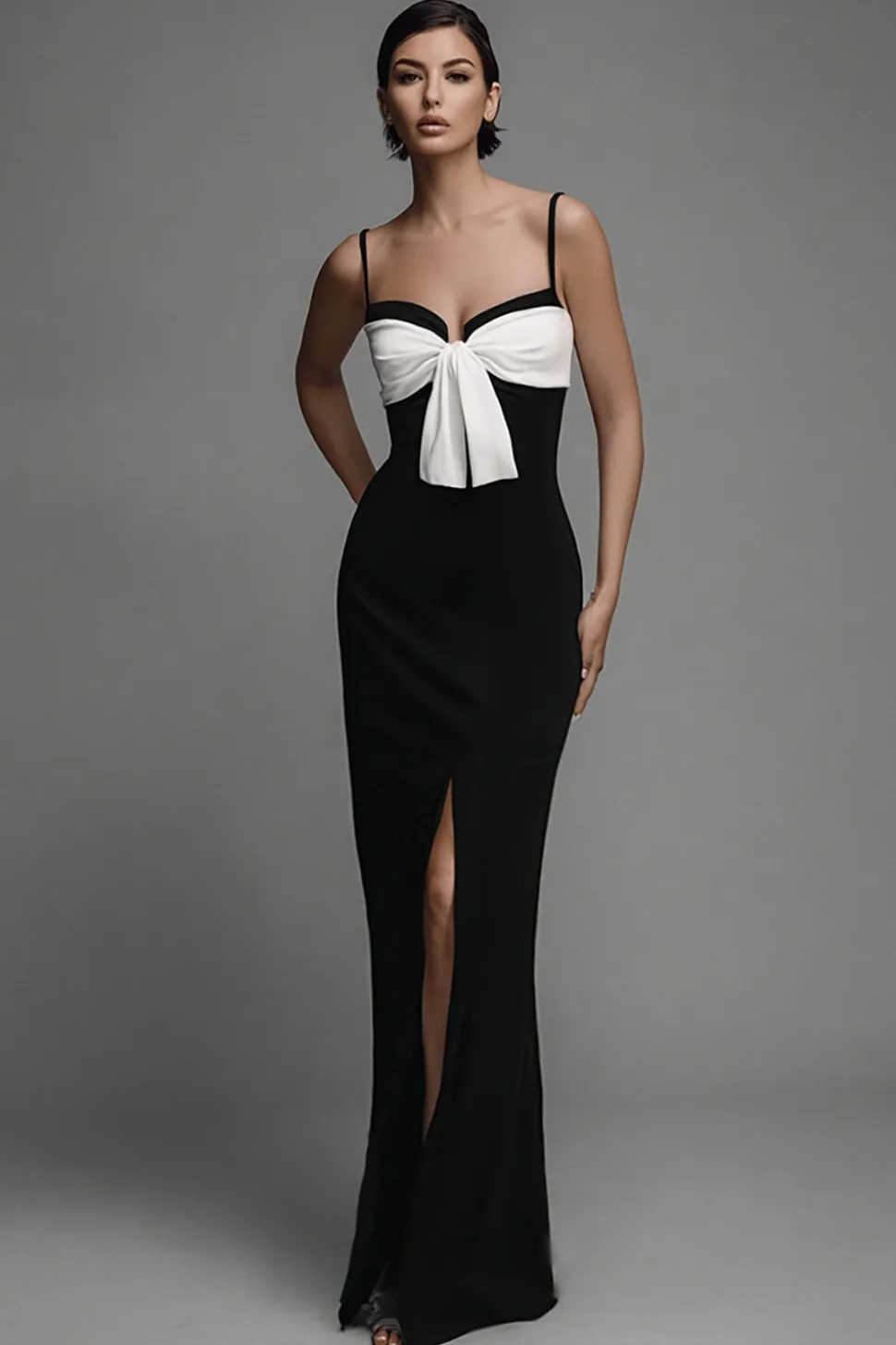 Bowknot Espaghetti Correias Preto Vestido Formal com Fenda