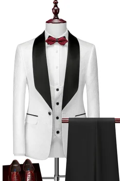 Branco 3 peças Terno para Homem Lapela Shawl