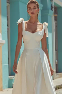 Branco A Line Cetim Esparguete Correias Vestido de Noiva