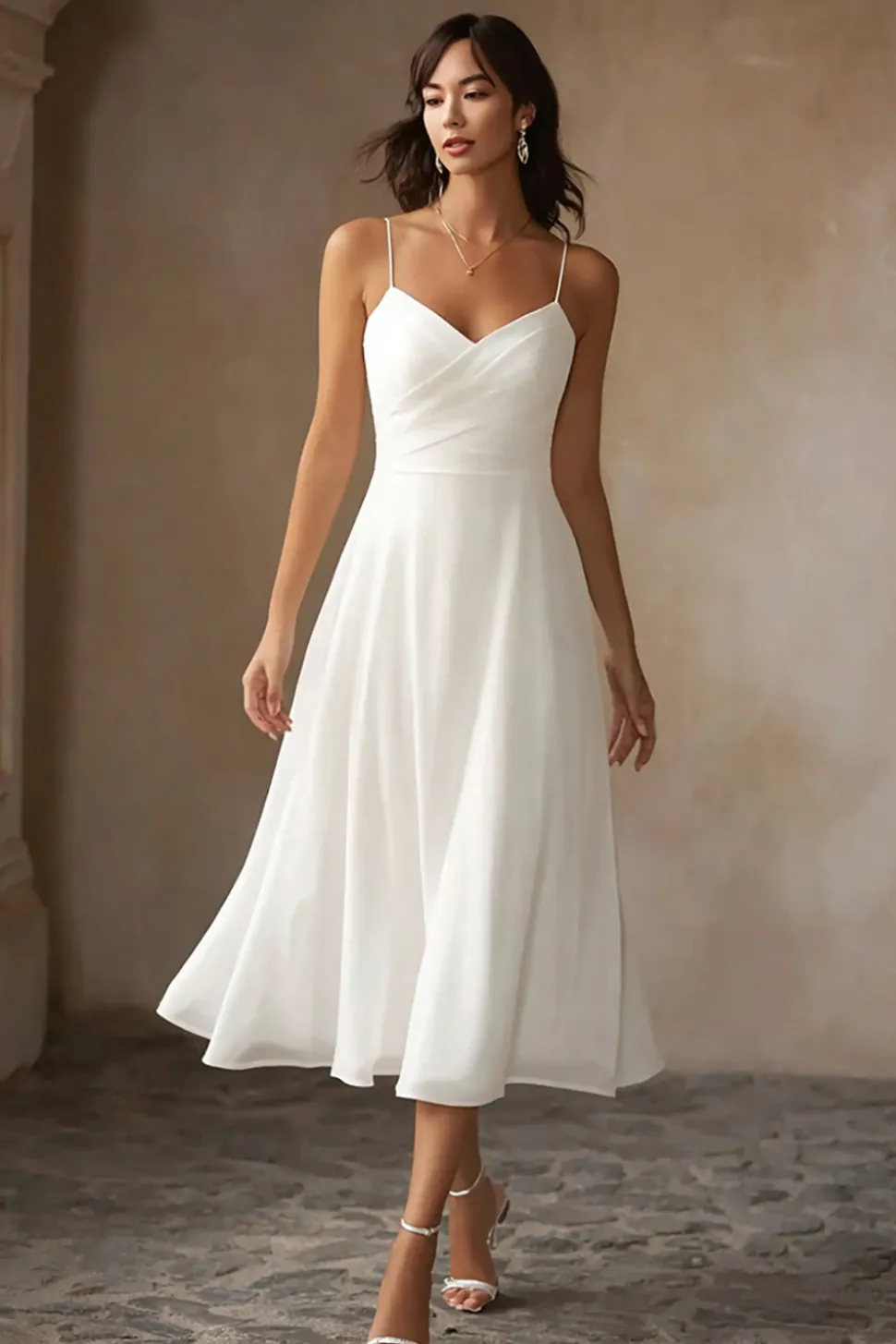 Branco A Line Chiffon Esparguete Correias Midi Vestido de Noiva