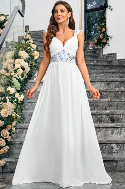 Branco A Line Espaghetti Correias Lantejoulas Vestido Longo de Festa