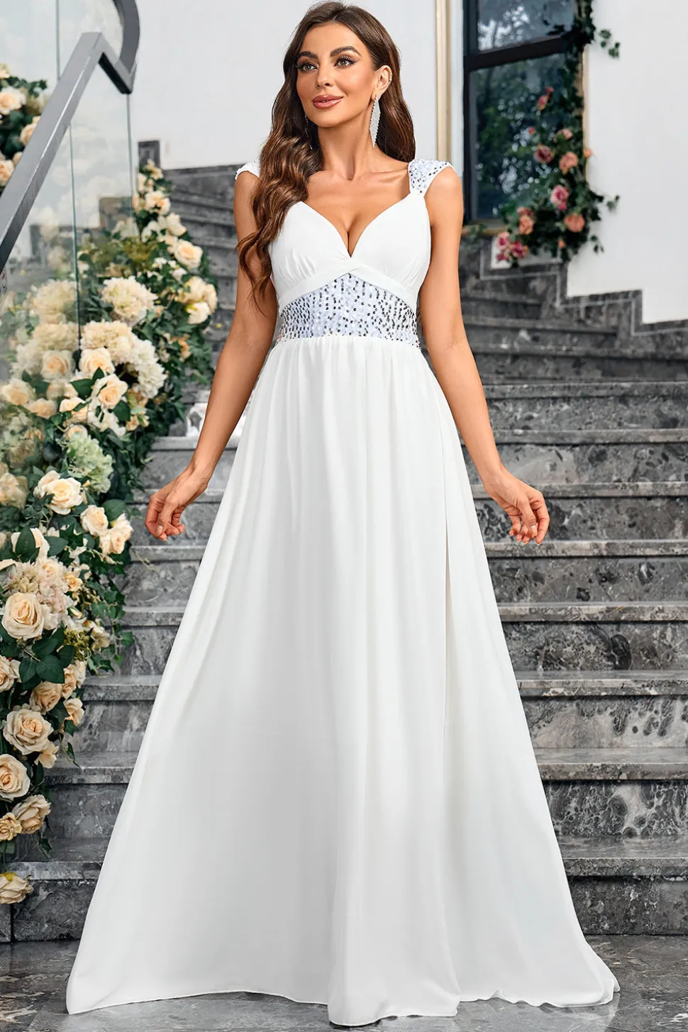 Branco A Line Espaghetti Correias Lantejoulas Vestido Longo de Festa