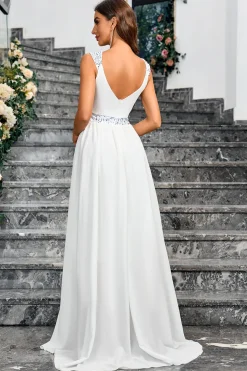 Branco A Line Espaghetti Correias Lantejoulas Vestido Longo de Festa