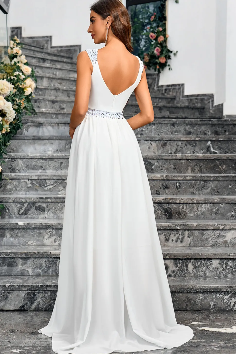 Branco A Line Espaghetti Correias Lantejoulas Vestido Longo de Festa