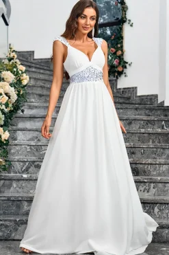 Branco A Line Espaghetti Correias Lantejoulas Vestido Longo de Festa