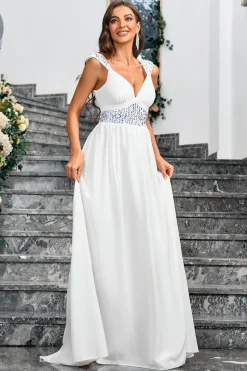 Branco A Line Espaghetti Correias Lantejoulas Vestido Longo de Festa