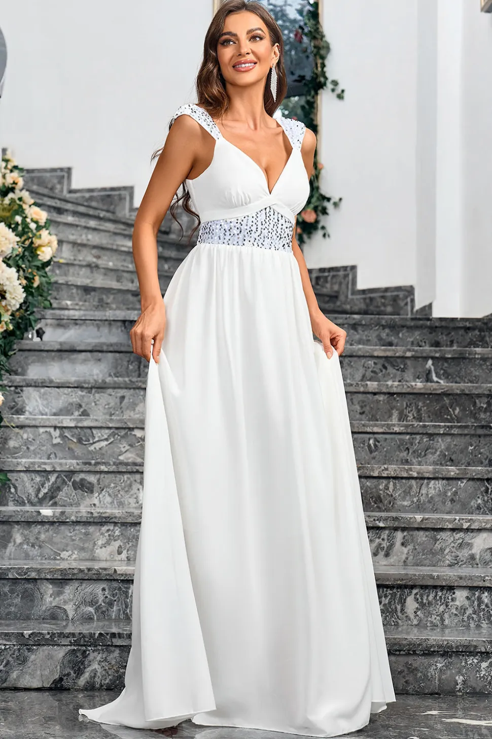 Branco A Line Espaghetti Correias Lantejoulas Vestido Longo de Festa