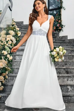 Branco A Line Espaghetti Correias Lantejoulas Vestido Longo de Festa