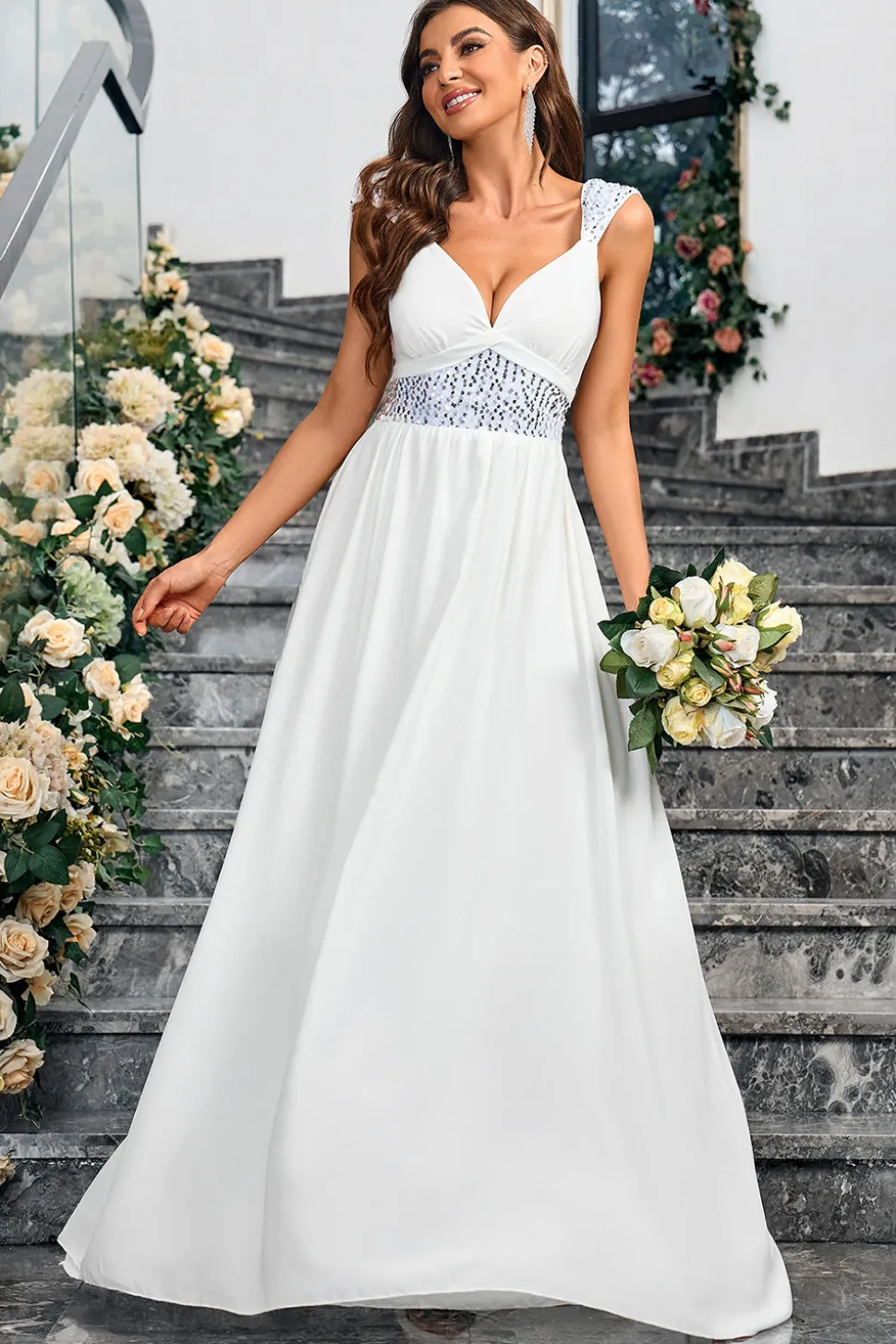 Branco A Line Espaghetti Correias Lantejoulas Vestido Longo de Festa