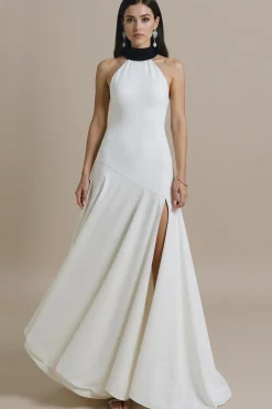 Branco A Line High Neck Long Formal Dress com Fenda