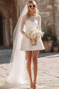 Branco A Line Lace Long Sleeve Courthouse Vestido de Noiva
