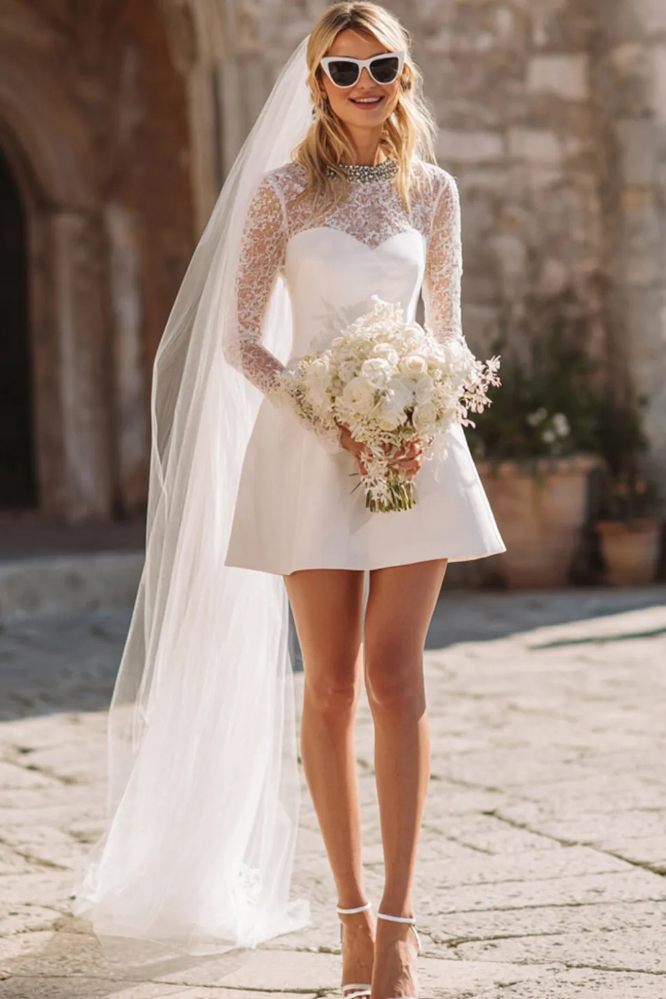 Branco A Line Lace Long Sleeve Courthouse Vestido de Noiva