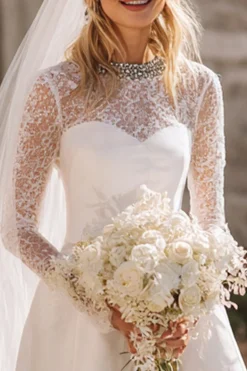 Branco A Line Lace Long Sleeve Courthouse Vestido de Noiva