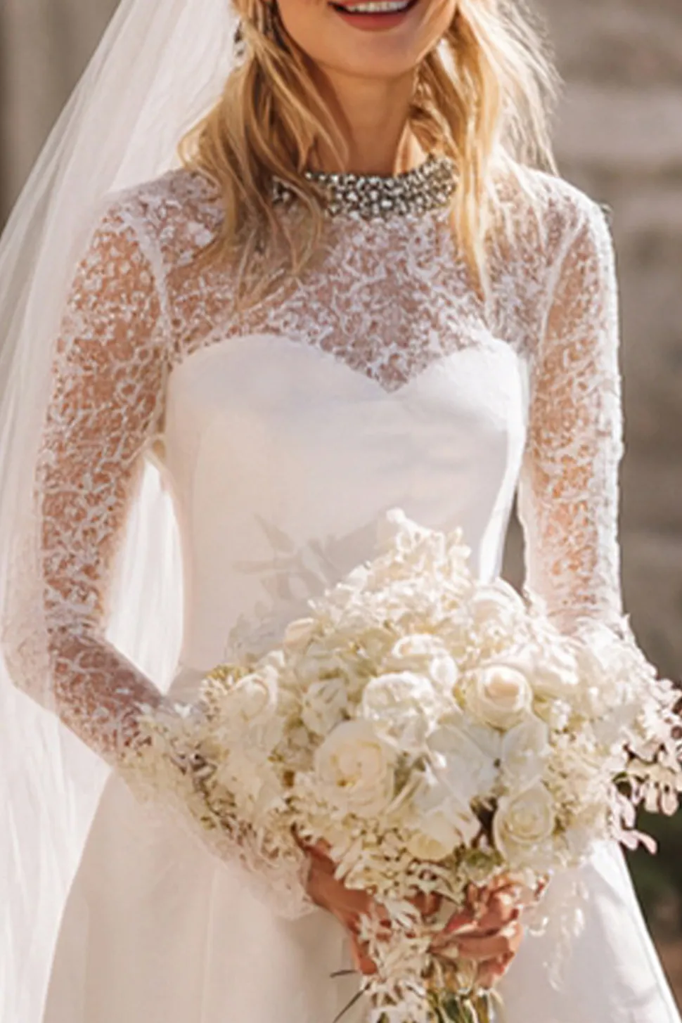 Branco A Line Lace Long Sleeve Courthouse Vestido de Noiva