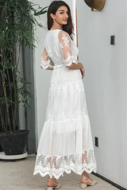 Branco A Line Long Boho Lace Noivado Vestido de Festa