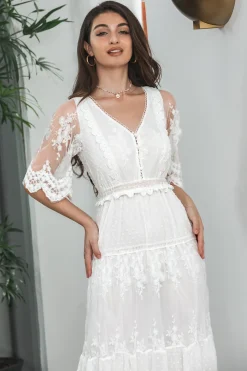 Branco A Line Long Boho Lace Noivado Vestido de Festa