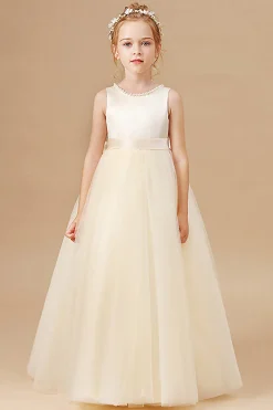 Branco A Line Sleeveless Bowknot Flor Menina Vestido Com Pérolas