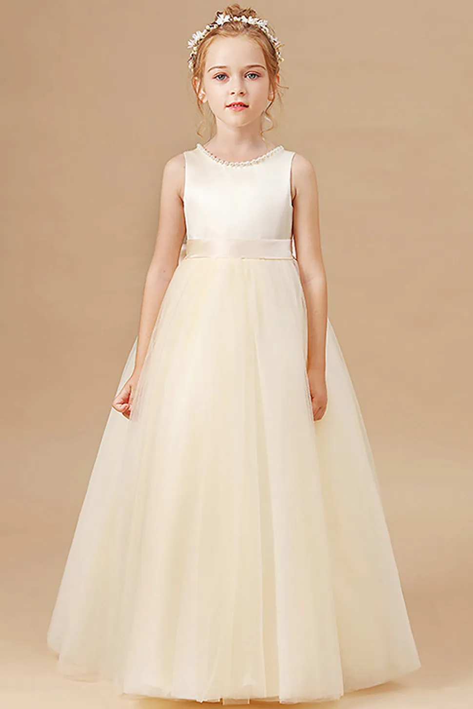 Branco A Line Sleeveless Bowknot Flor Menina Vestido Com Pérolas