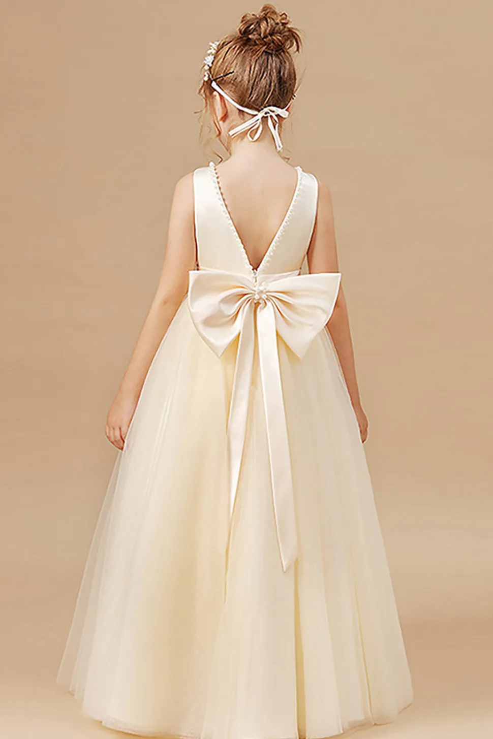 Branco A Line Sleeveless Bowknot Flor Menina Vestido Com Pérolas