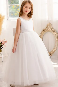 Branco A Line Sleeveless Bowknot Flor Menina Vestido Com Pérolas