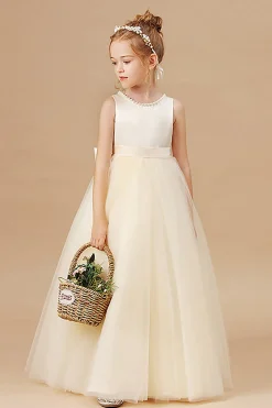 Branco A Line Sleeveless Bowknot Flor Menina Vestido Com Pérolas