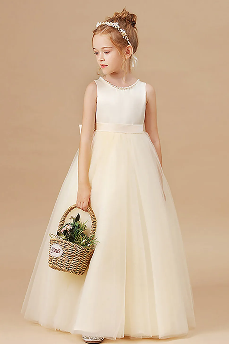 Branco A Line Sleeveless Bowknot Flor Menina Vestido Com Pérolas