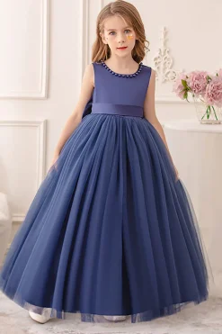 Branco A Line Sleeveless Bowknot Flor Menina Vestido Com Pérolas