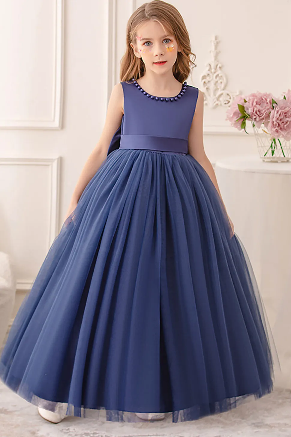 Branco A Line Sleeveless Bowknot Flor Menina Vestido Com Pérolas